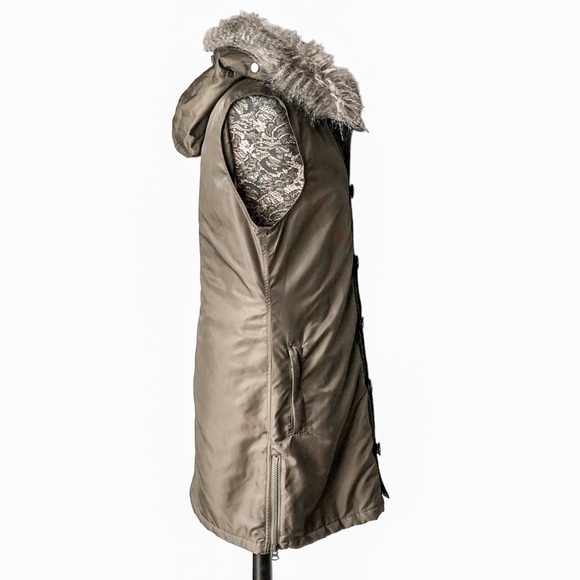 Anoarak Long Line Hooded Vest Removable Fur Trim Olive Green Large - Picture 2 of 14